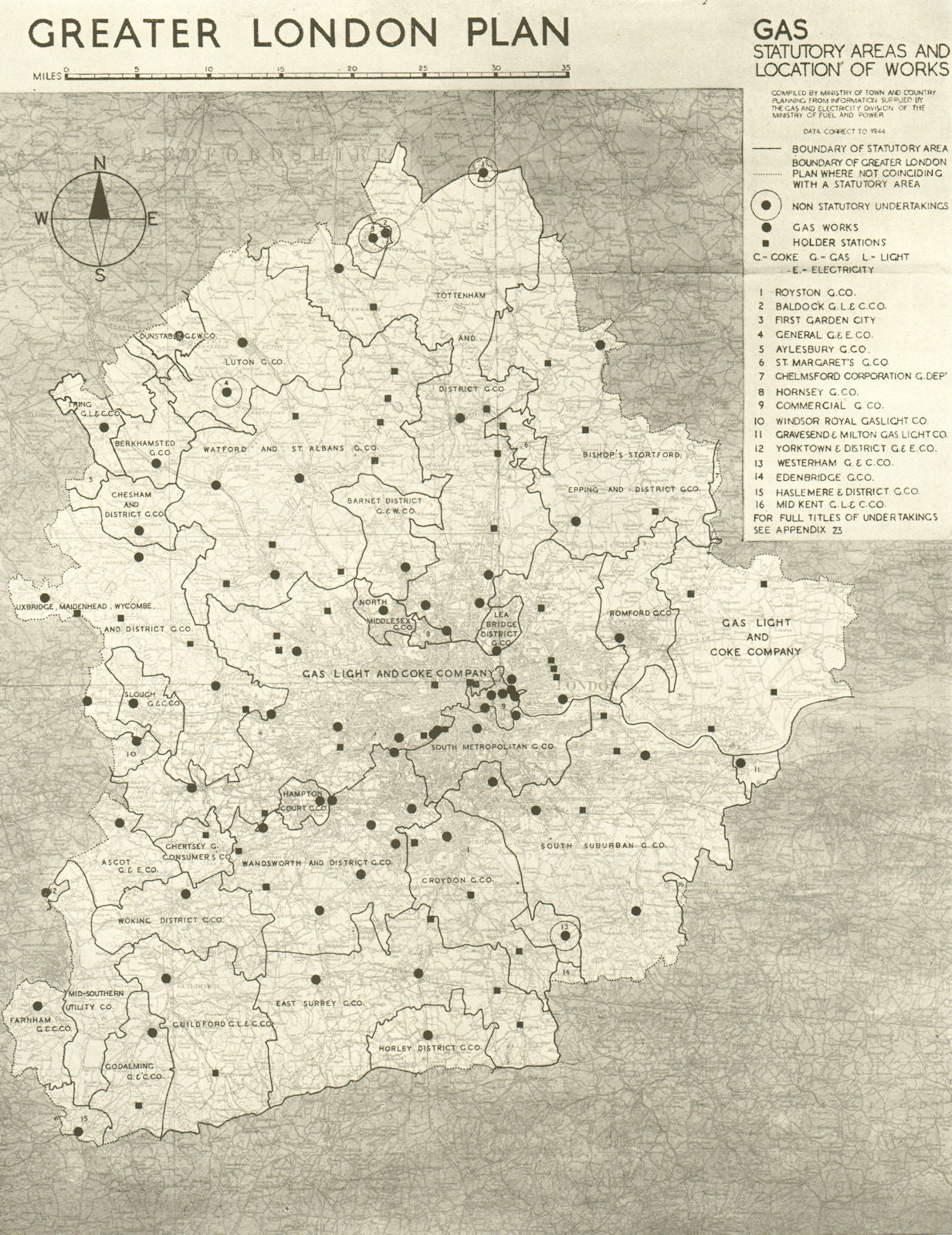 GREATER LONDON PLAN. Gas supply. Statutory areas. Works. ABERCROMBIE 1944 map